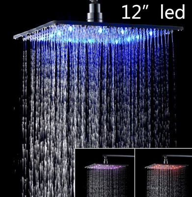 Ceiling Mount LED Chrome 12 Inch Square Rainfall Shower Head Mixer Faucet Brass - Image 1 of 4
