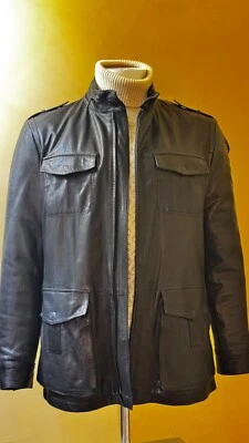 US 42 o L 🔥 CHAQUETA ABRIGO ARMANI COLLEZIONI Hombres Cuero Negro Oficial Militar Foto 1 de 4