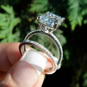 10x8mm Lab-Created VVS1 Diamond Bridal Engagement Ring Set 14K White Gold Plated - Picture 1 of 7