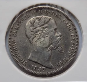 Lira 1853 Zecca di Torino foro otturato Vittorio Emanuele II 1849 1861 (B - Bild 1 von 2