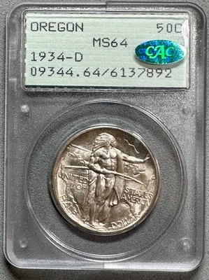 1934-D  OREGON  COMMEMORATIVE HALF DOLLAR  PCGS  MS64 CAC    OLD RATTLER HOLDER - Image 1 of 4