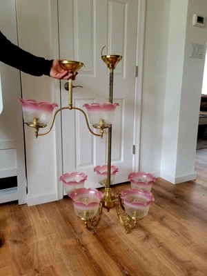 Vintage Victorian Gasolier Style Brass 5 Arm & 2 Arm Chandelier Light Fixture  - Image 1 of 4