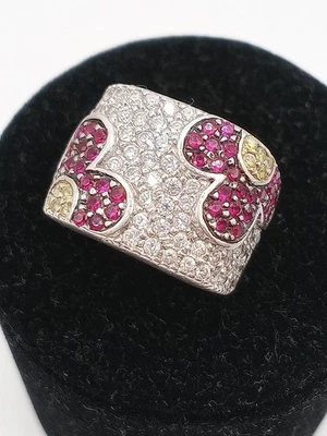 Anello Vintage Argento 925 Pavé Brillanti Moissanite Rubini Zaffiri Gialli Fiori - Immagine 1 di 4