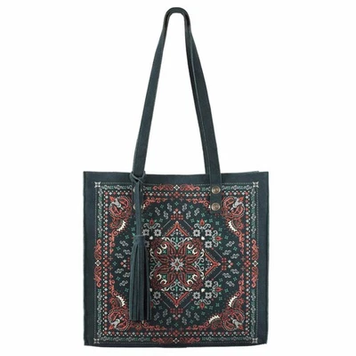 Scully Womens Artisan Print Carryall Blue Suede 13x13x4.5in Tote Bag OS — 第 1/2 张图片
