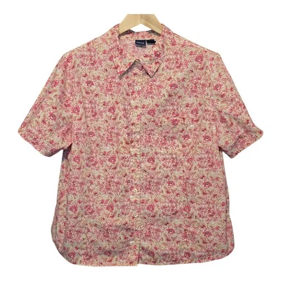 Basic Editions Floral Womens Top 2X Button Up Mature Stretch Office Green Pink - Image 1 of 4