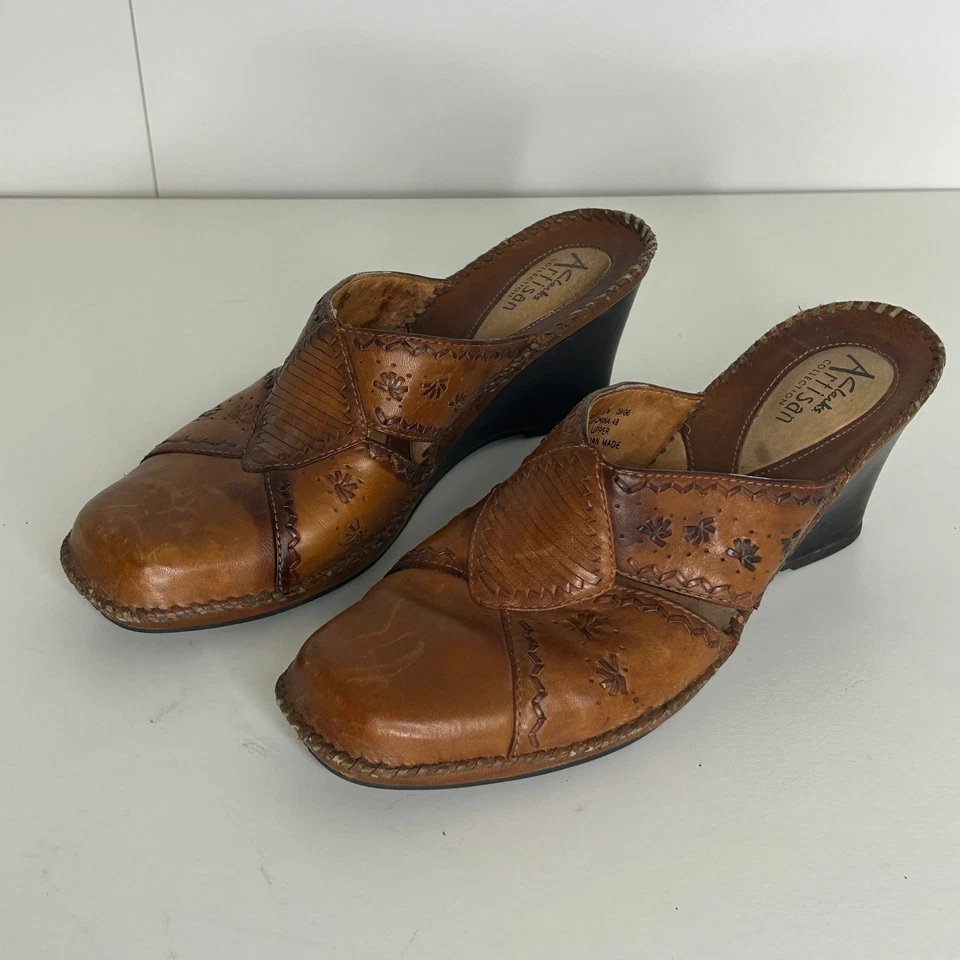 Clarks Artisan Leather Wedge Mules Brown 9.5M Floral Cutout Slip-On Comfort - Image 1 of 4