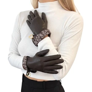 Christian Dior Vintage Trotter Monogram Logo Gloves Brown Gold Leather Cotton - Picture 1 of 12