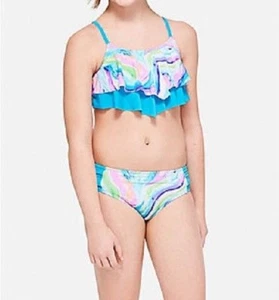 Justice Girl Size 12 Blue Marble Swirl Two-Piece Flounce Bikini Swimsuit NEW - Picture 1 of 3