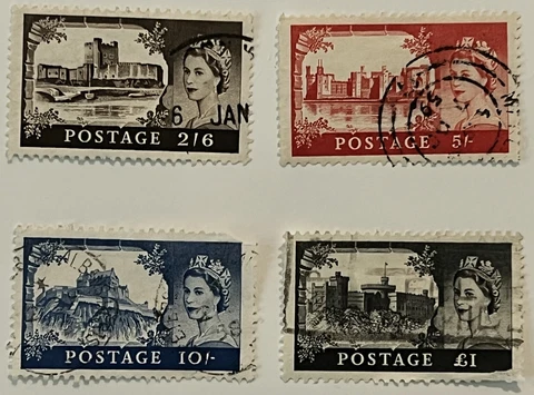 1955/1959 BRITAIN CASTLE STAMP SET #309-312 OR #371-374 £1 QUEEN ELIZABETH II Cover
