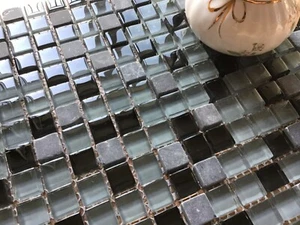 Mediterranean Sea Grey & Black Mix Marble glass Mosaic Tile Sheet Wall - Picture 1 of 5