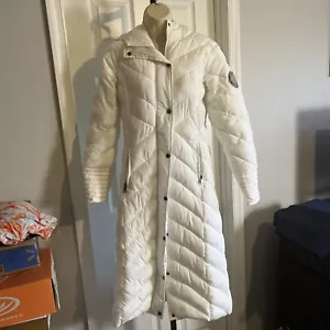 Madden Girl White Long Coat Size S/P Zipper Snap Hood Zipper Pockets Beautiful - Picture 1 of 14