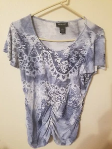Focus 2000 top junior size XL gathered front back blue white lace pattern cap sl - Picture 1 of 12