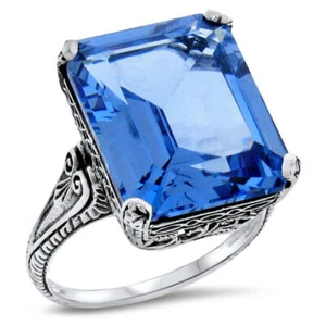 ART DECO STYLE RING 925 STERING SILVER  12 Ct SIMULATED LONDON BLUE TOPAZ   #963 - Picture 1 of 5