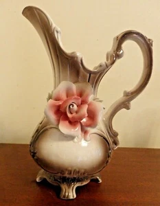Vintage Capodimonte "N" Pitcher Ewer Pink Rose Vase Made In Italy 11 1/2" - Picture 1 of 12