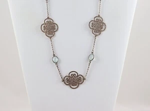 Gold over Sterling Silver Long Blue Green Glass Station Chain Necklace 32 inch - Picture 1 of 7