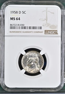 1958-D Jefferson nickel graded by NGC MS64 - Image 1 of 2
