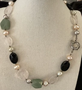 Multi Color STONE Pearl NECKLACE Silver tone Senorita Clasp 18” Highly Polished - Picture 1 of 4