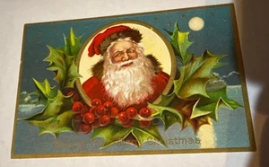 Antigua Postal Deseándote una Feliz Navidad Papá Noel en Círculo Luna Estrellas - Imagen 1 de 2