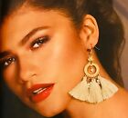 ?? New Large Cream And Gold Beaded Tassel Earrings 3" Long French Hook
