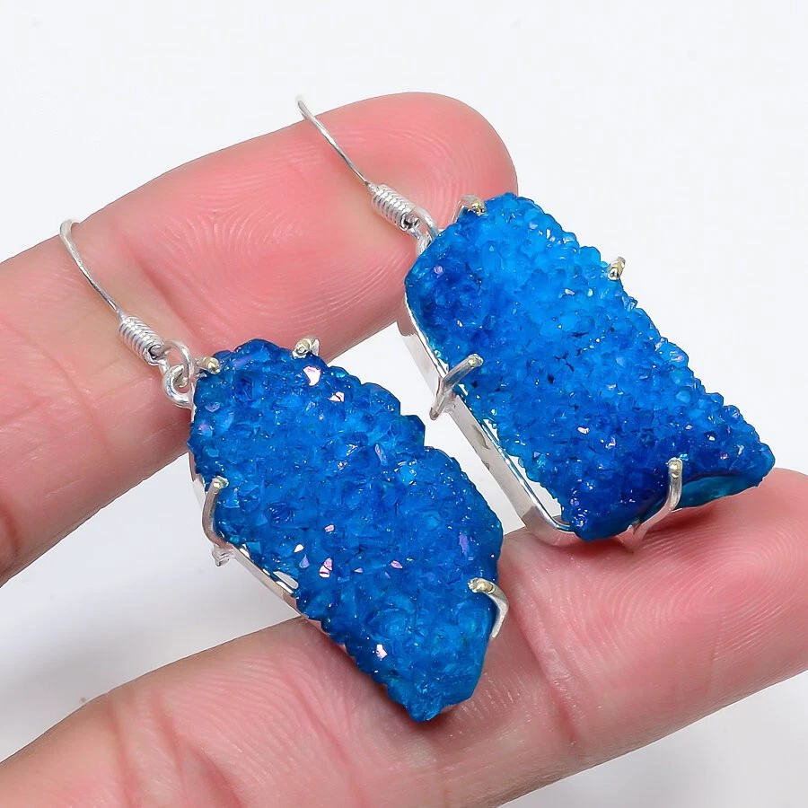 Blue Titanium Druzy Gemstone Silver Plated Earrings Vintage Jewelry 1.5" - Image 1 of 1