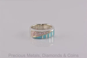 Sterling Silver Pink Tourmaline Tapered Blue Enamel Band Ring 925 Sz: 9 - Picture 1 of 6