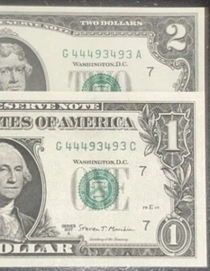 (RARE MATCHING PAIR!) $1/$2 Rare UNC Trinary Fancy Serial Numbers G44493493 - Picture 1 of 7