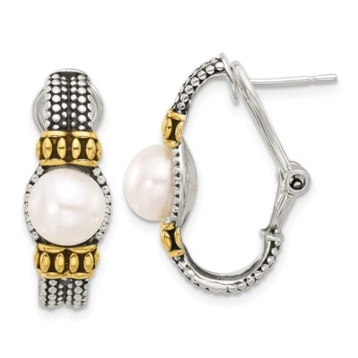 25.1mm Sterling Silver Gold-tone Antiqued Simulated Pearl Omega Back Earrings - Image 1 of 4