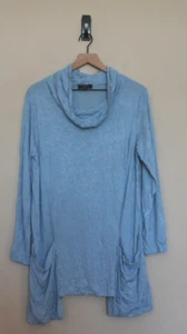 Comfy USA Knit Tunic Top Shirt Blue Asymmetrical Hem Large 12 14 Cowl Neck - Picture 1 of 4
