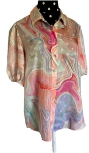 Johnny Was Workshop-Short Sleeve Silk Button Front Blouse-Small - Picture 1 of 9