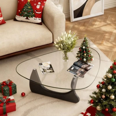 Mesa de centro estilo Noguchi triángulo tapa de vidrio premium base de madera maciza nogal Foto 1 de 4