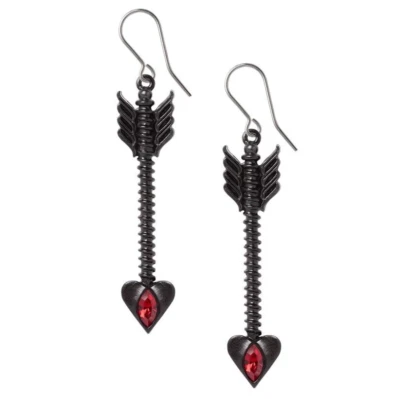 Alchemy Gothic Desire Moi Earrings Blackened Pewter Cupids Arrows Red Heart E466 - Image 1 of 3
