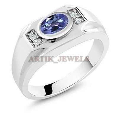 Tanzanite Naturale Pietra preziosa con 14K Placcato Oro Bianco Argento Anello - Immagine 1 di 4