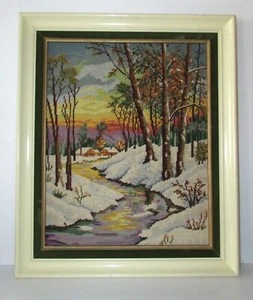 VINTAGE SUPERBE NEEDLEPOINT "WINTER AT THE COUNTRY " 18" X 21"1/2 FRAMED - Bild 1 von 4