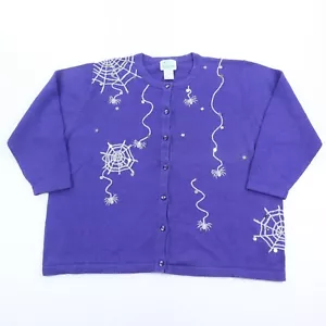 Quacker Factory Cardigan Sweater Womens 2X Purple Halloween Spiders Web LS - Picture 1 of 7