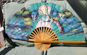 Large Vintage Decorative Bamboo & Paper Wall Hanging Fan Hand Painted 40"x24" - Picture 1 of 11