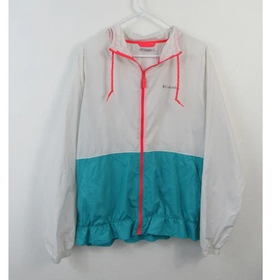 Chaqueta cortavientos Columbia XL Morning View cremallera completa LS con capucha verde azulado rosa blanco  Foto 1 de 4