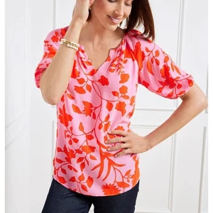 Talbots Elbow Sleeve Top Size 2X Pink Red Floral Feminine Garden Blouse NWT - Picture 1 of 11