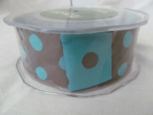 New 1.5" x 20 Yards May Arts Ribbon Brown & Turquoise Blue Polka Dot Reversible - Picture 1 of 2