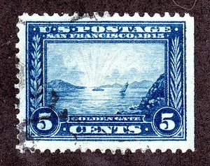 US # 399 (1913) 5c, Grade: VF/XF, Used w/lite canc - Golden Gate - Picture 1 of 2