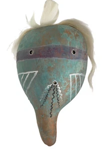 Vintage Tribal Gourd Mask Handcrafted Hand Painted Hair Feather Turquoise 12” - Picture 1 of 12