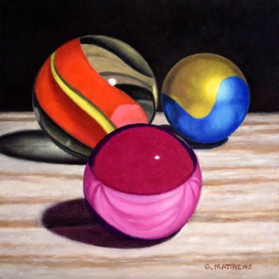 Pintura al óleo original Bodegón de tres canicas en estante 6 x 6 x 1/8 pulgadas Foto 1 de 4