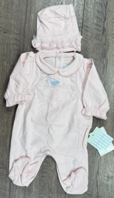 Ropa para bebé niña nueva prematura 2 piezas Le Top rosa con patas de pájaro conjunto con gorro Foto 1 de 4