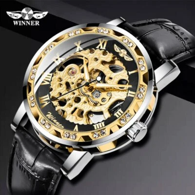 Winner Mens Hand Winding Watch Retro Diamond Display Mechanical Skeleton Watches - Image 1 of 4