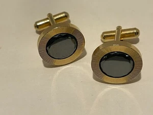 Cufflinks Onyx gold color designed steel cuff Shirt VTG button Men's Set  - Bild 1 von 2