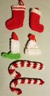 6 vintage knitted Christmas ornaments Candy canes, boots, hat, chamber candle