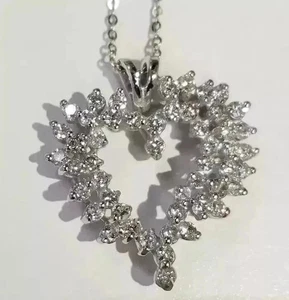 1.30Ct Round Cut Real Moissanite Cluster Heart Pendant 14K White Gold Plated - Picture 1 of 10