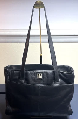 Lauren Ralph Lauren RLL Black Smooth Leather Tote Bag Classic Zip Pkts Carryall - Image 1 of 4