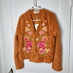 Savanna Jane Women's Brown Boho Western Sherpa Floral Embroidered Cardigan L NWT - Picture 1 of 9