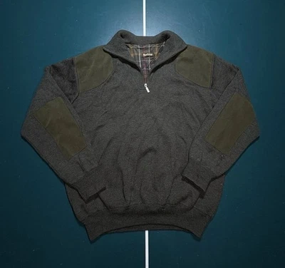 Barbour Storm Half Zip Pure Wool Sweater Mens 2XL Lined Loden Patches Green Flaw - Image 1 of 4