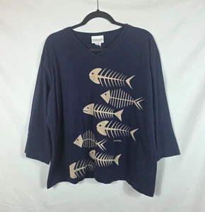 Marushka Hand Printed Tee Shirt Women's Size 2XL Blue with Tan Fish Skeletons - Picture 1 of 15